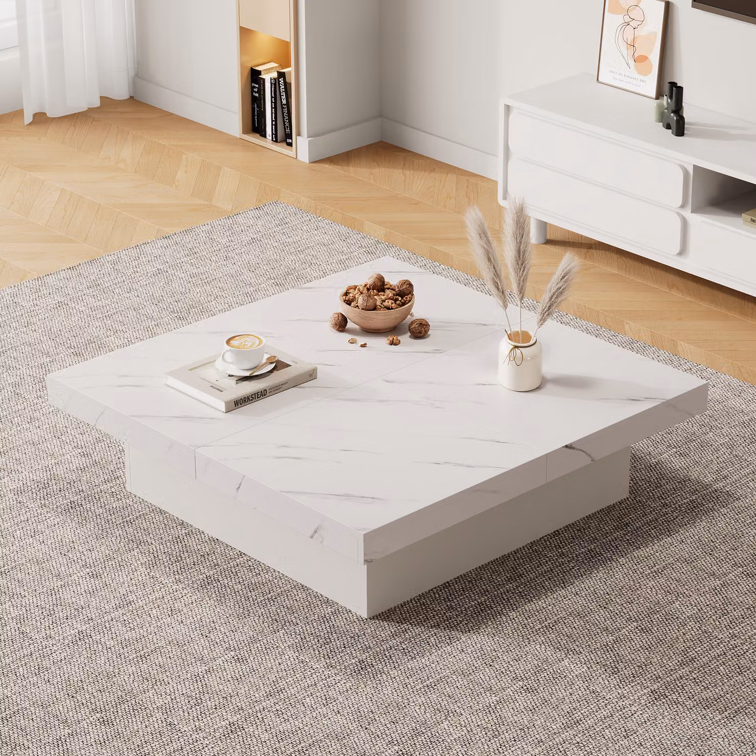 STILVORA Tavolino da salotto con 4 cassetti, tavolino da salotto con piano scorrevole, tavolino da caffè effetto marmo, bianco