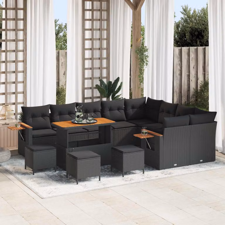 vidaXL Set Divano da Giardino 14 Pezzi Nero con Cuscini e Tavolino in Polyrattan e Acciaio