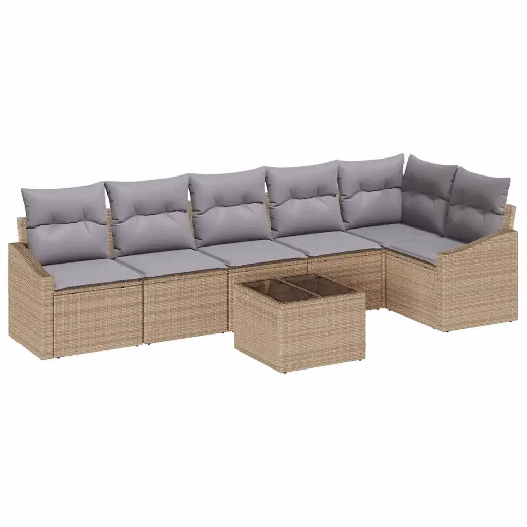Set di divani da giardino vidaXL a forma di L composto da 7 pezzi con tavolino da caffè, colore beige e grigio, in rattan con struttura in acciaio verniciato a polvere e cuscini inclusi – 2