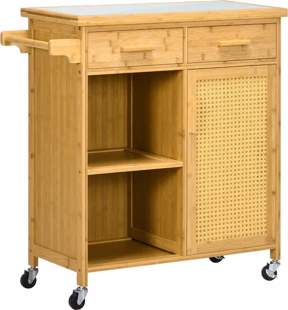 Carrello da cucina multifunzionale HOMCOM in bambù naturale con 2 cassetti, 1 armadietto e 2 ripiani in stile scandinavo