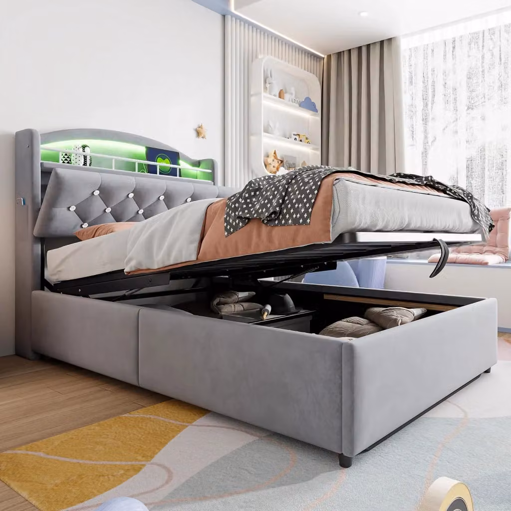 Letto singolo per bambini con contenitore e illuminazione LED, porte USB e Type-C, rivestimento in tessuto grigio, L/P/H: 90 x 200 x 94,4 cm – 2