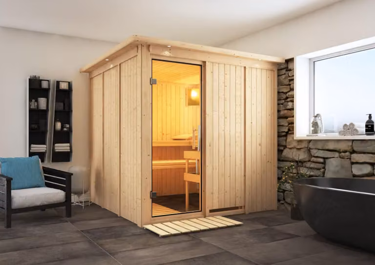 Sauna Karibu Rodin (ingresso frontale), porta interamente in vetro trasparente, stufa da 9 kW con comando esterno easy