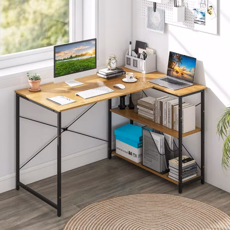 Scrivania angolare a forma di L Costway con ripiano regolabile e design moderno per ufficio in casa, colore beige o marrone