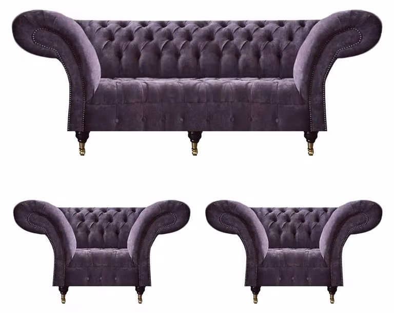 Lila Chesterfield Polstergarnitur Wohnzimmer 3-Sitzer Designer 2x Sessel