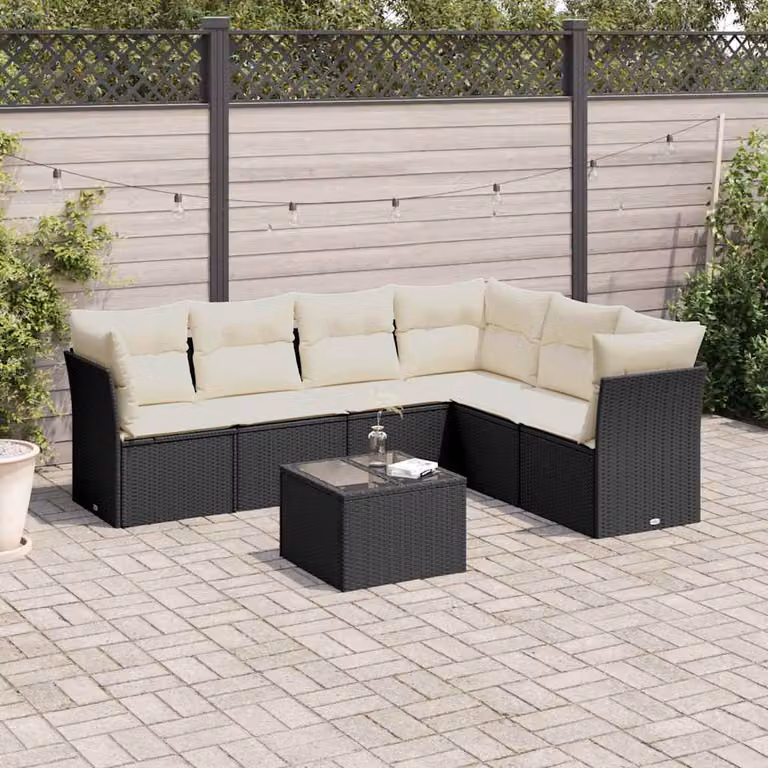 Set di divani da giardino vidaXL a forma di L con cuscini e tavolino da caffè in polyrattan nero e bianco