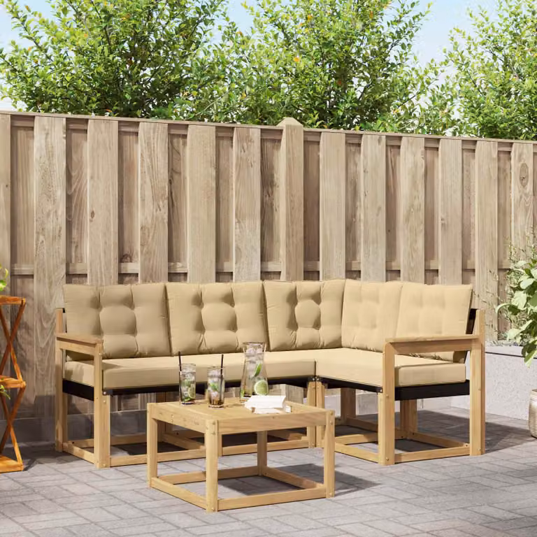 Set di divani da esterno vidaXL a forma di L con tavolino, 5 pezzi, in legno di acacia e tessuto textilene, Bianco e Beige
