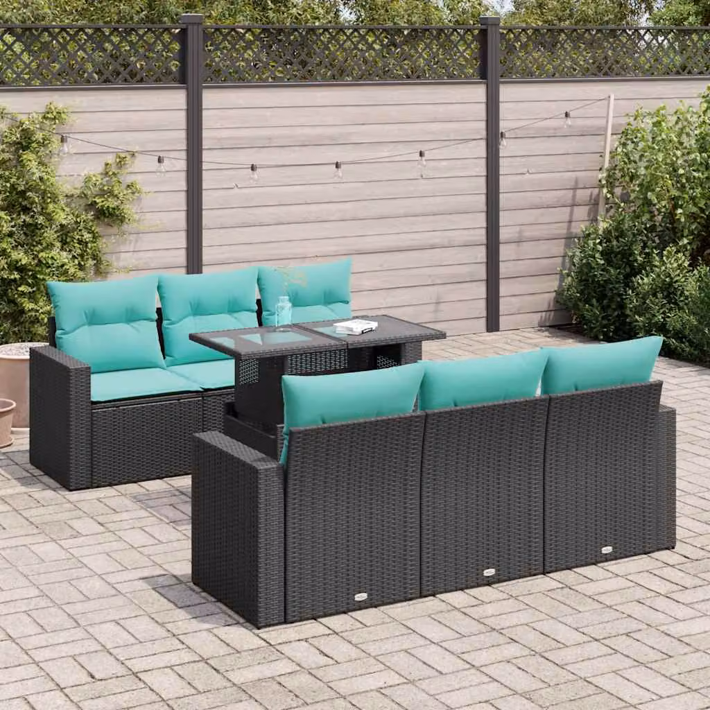 Set Divani da Giardino vidaXL in Polyrattan con Cuscini e Tavolino, Design Moderno a L, Colore Nero e Blu con Piano in Vetro e Legno di Acacia