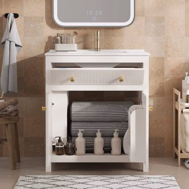 Mobile sottolavabo con lavabo in ceramica, anta e vano superiore ammortizzato, bianco, per bagno, 81 × 46.5 × 86.5 cm