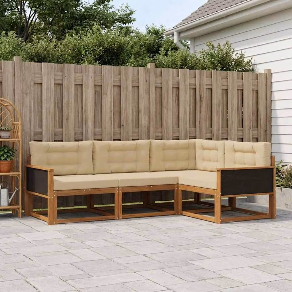Set di divani da esterno vidaXL a forma di L in legno di acacia con cuscini, Beige e Marrone