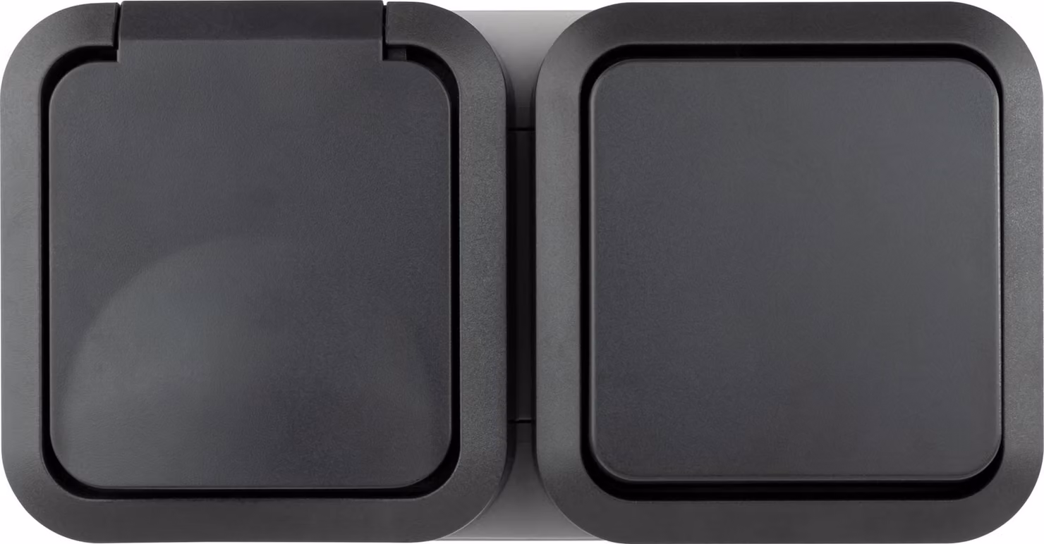 Combinazione impermeabile REV, presa di corrente e commutatore AquaStorm, montaggio esterno, grigio, orizzontale