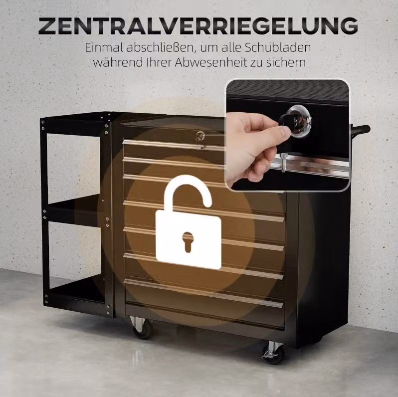 Carrello portautensili in acciaio con 7 cassetti nero, con ruote e chiusura di sicurezza, L: 120 cm, P: 75 cm, H: 96 cm – 2