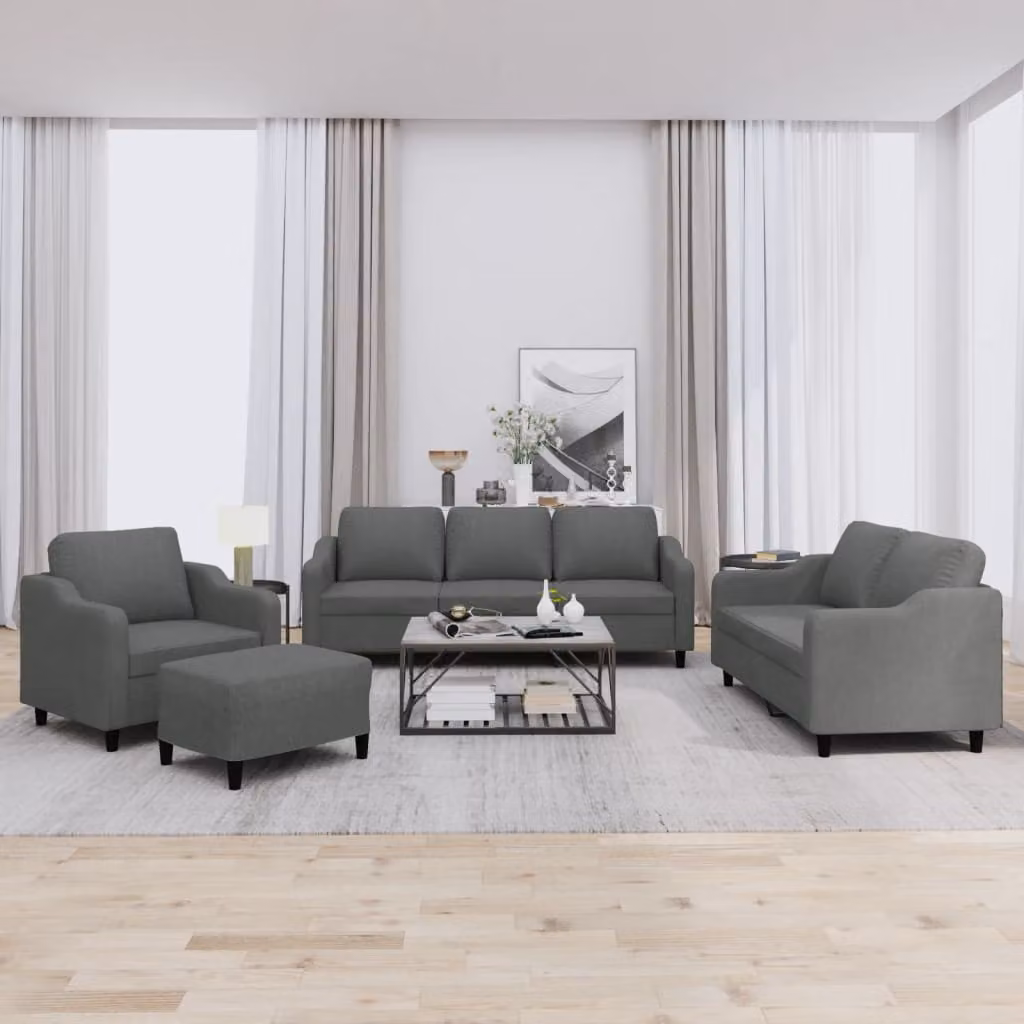 Set di divani moderno vidaXL in tessuto grigio composto da un divano a 3 posti, un divano a 2 posti, un pouf e cuscini per il soggiorno – 1
