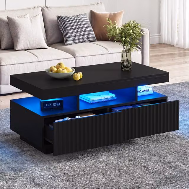 Tavolino da Caffè Nero 100x50x45 cm con 2 Cassetti, Velluto a Coste Verticale, Barra LED