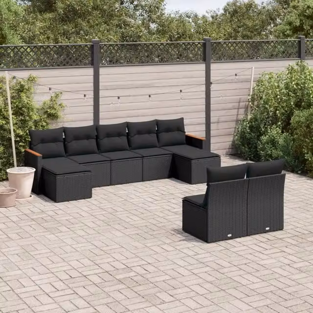 Set Divani da Giardino 9 pz con Cuscini Nero in Polyrattan 3258772