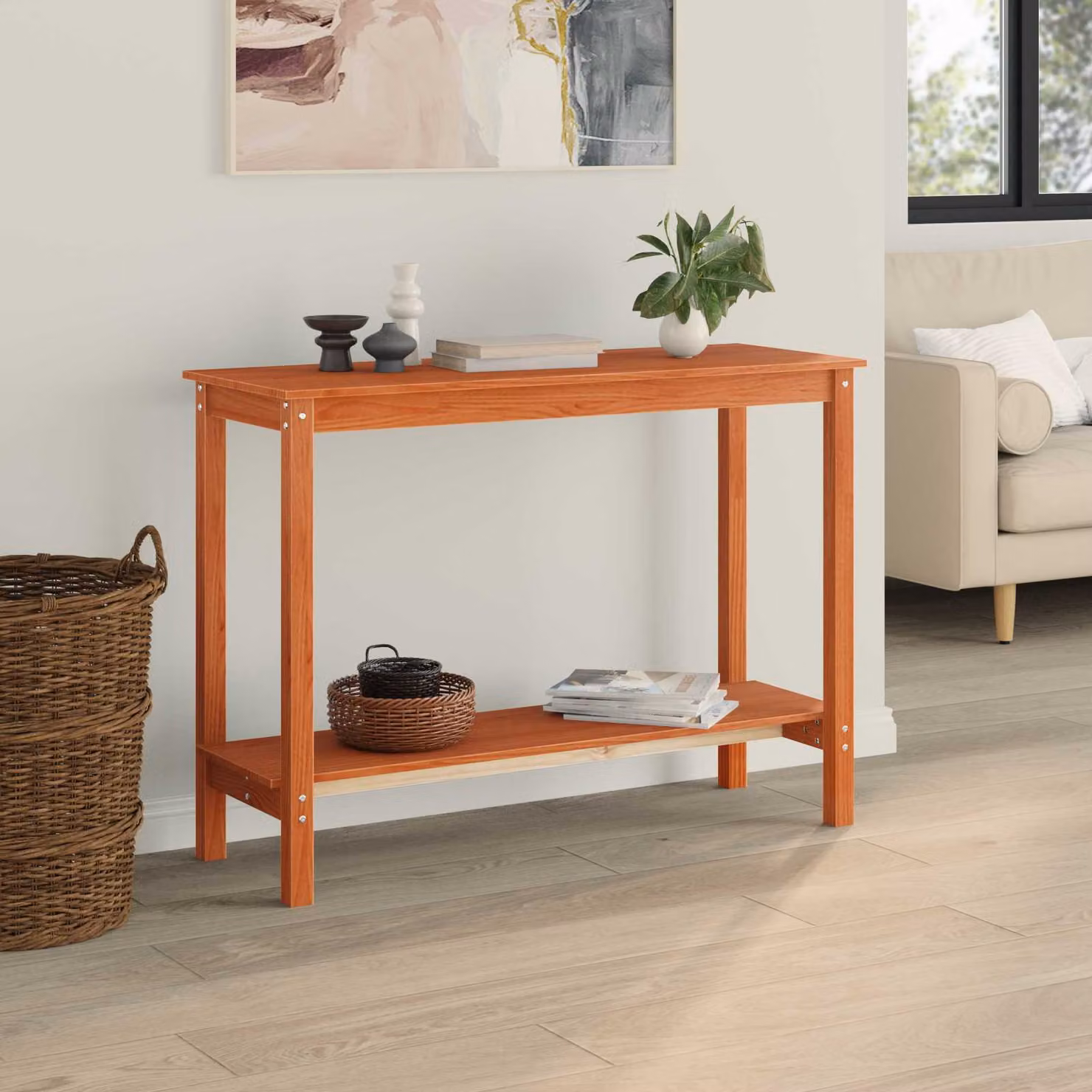 vidaXL Tavolo consolle moderno in legno di pino color marrone cera L: 110 cm, P: 40 cm, H: 80 cm