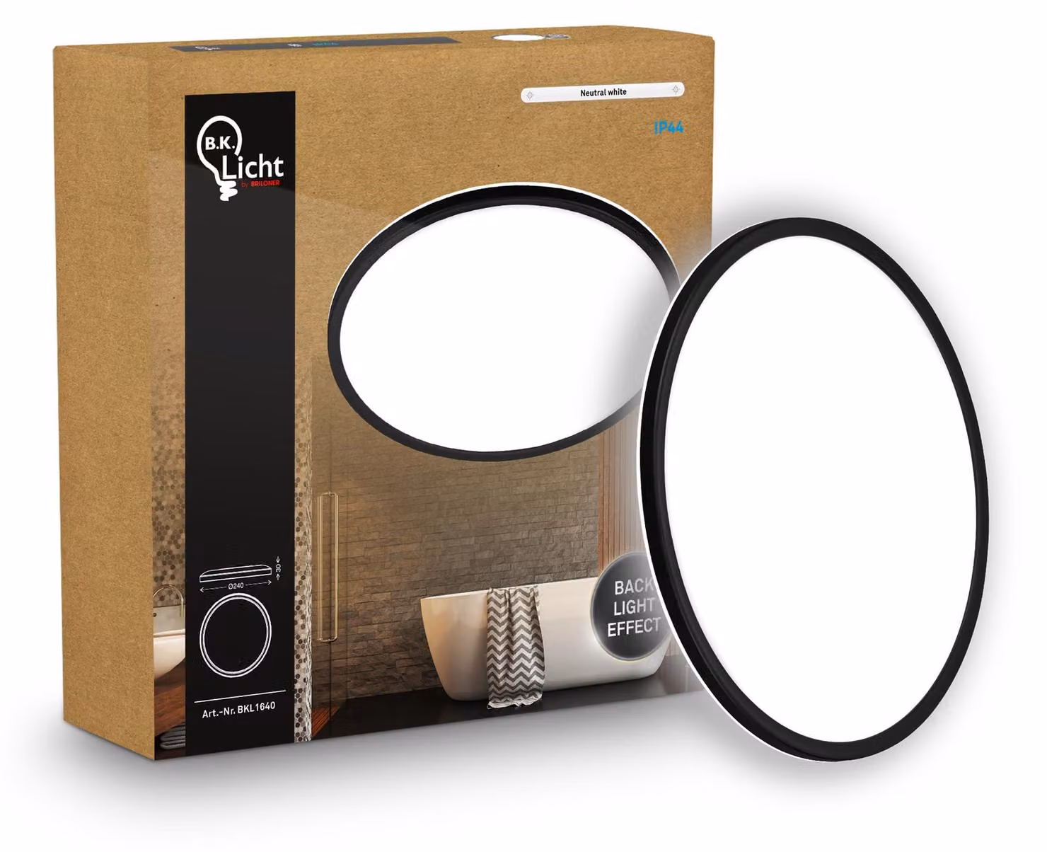 B.K.Licht Pannello LED piatto Ø24cm rotondo 16W 1900lm 4000K bianco neutro protezione dagli spruzzi d'acqua nero - Lampada da soffitto bagno cucina soggiorno