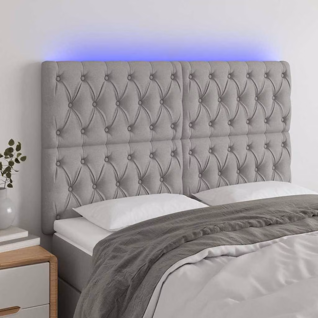 Testiera per letto vidaXL in tessuto grigio con illuminazione LED e porte di ricarica USB, L 144 cm, H 118/128 cm, P 7 cm