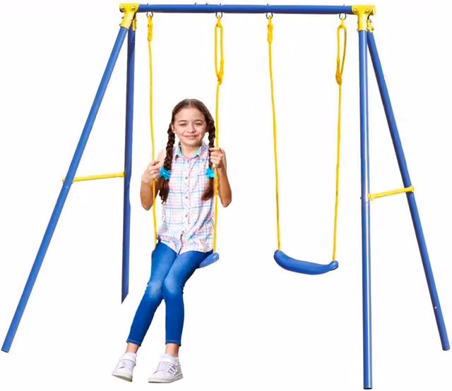 Altalena per bambini Garden Friend a 2 posti in metallo e plastica, blu e giallo, L/P/H: 209 x 142 x 182 cm – 1