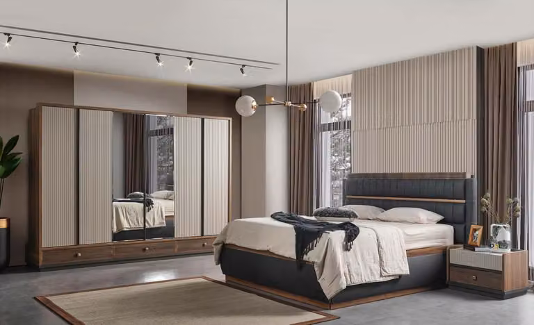Zweifarbige Schlafzimmer Designer Garnitur Doppelbett Schrank Kommode