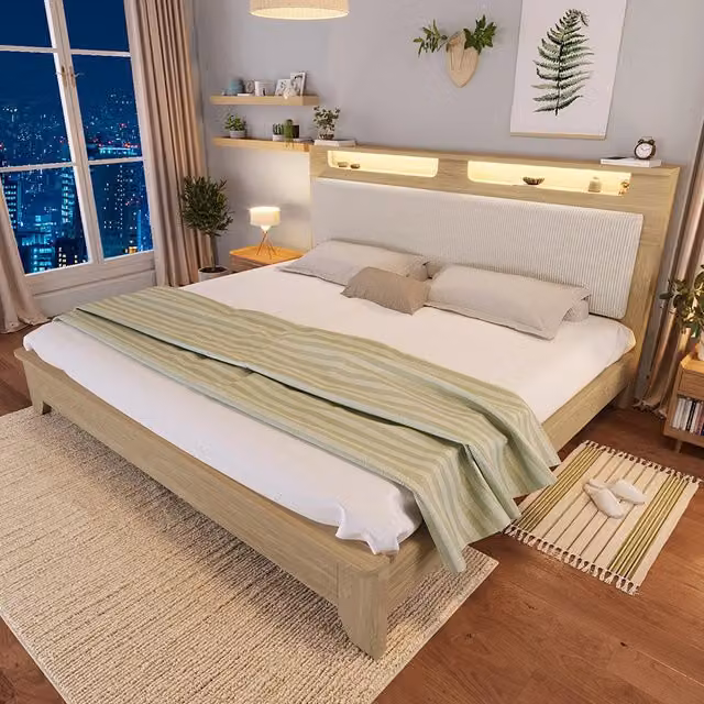 Letto matrimoniale-Xylo-160x200 cm-LED, testiera velluto, quercia chiaro, senza materasso