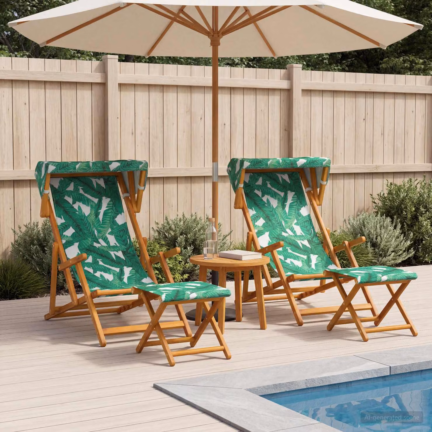 Set di 4 lettini prendisole vidaXL in legno di eucalipto con cuscini floreali verdi e poggiatesta regolabile per giardino e terrazzo