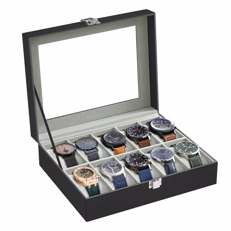 Scatola Portaorologi a 10 Posti, Superficie in PU Nera + Interno Grigio
