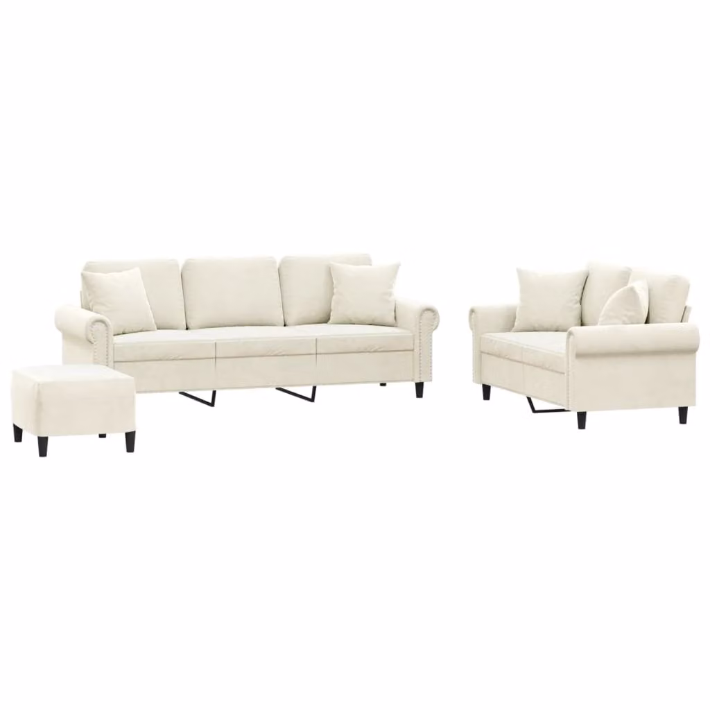 Set di Divani 3 pz con Cuscini Crema in Velluto