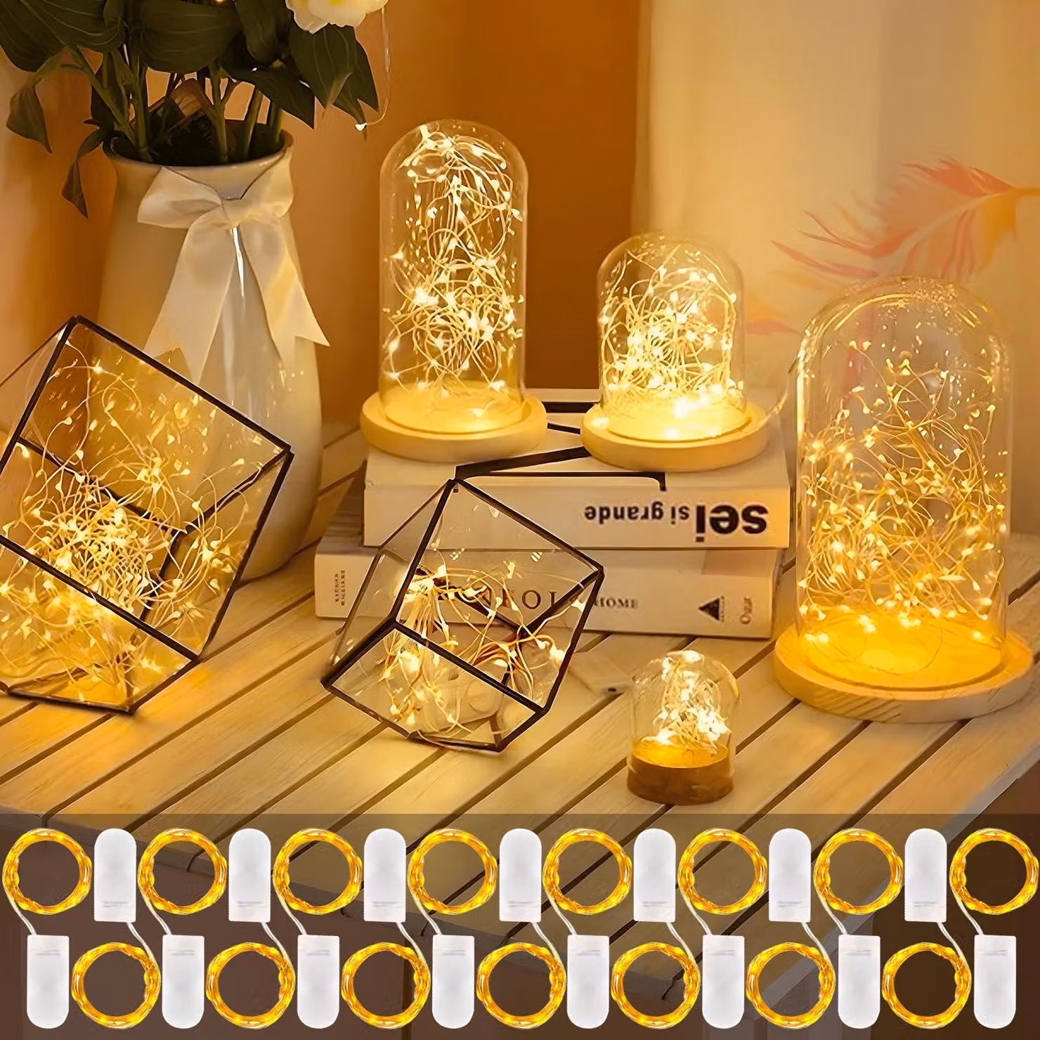 Catena luminosa a LED, 2 metri, 20 LED, luce bianco caldo, alimentazione a batteria, filo di rame