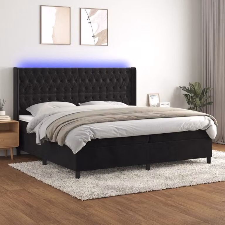 Letto Ibrido vidaXL con Materasso e Illuminazione LED in Velluto Nero L/P: 200 x 200 cm