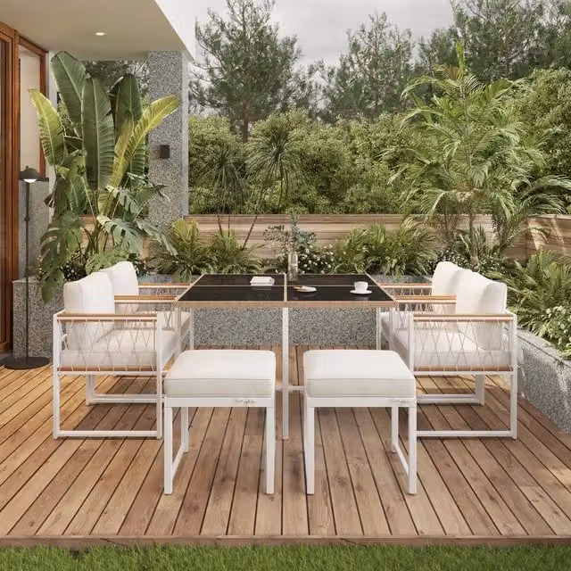 Set da pranzo da giardino 6 posti con tavolo in vetro temperato e cuscini sfoderabili rattan metallo bianco naturale