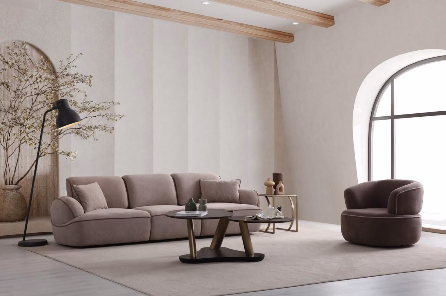 Beige Wohnzimmer Garnitur Designer 4-Sitzer Couchtisch Stoffsessel