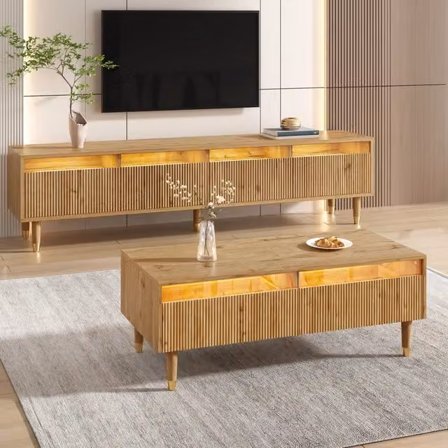 Set mobile porta TV e tavolino basso con LED a 7 colori controllabili tramite app 4 ante 2 cassetti in MDF legno oro