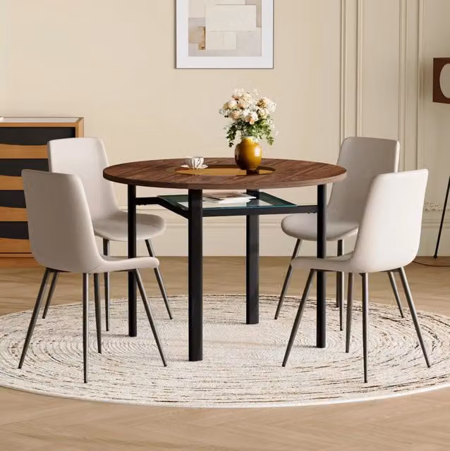 Set da pranzo rotondo moderno con tavolo diam. 100 cm in MDF effetto legno e 4 sedie in PU grigio caldo