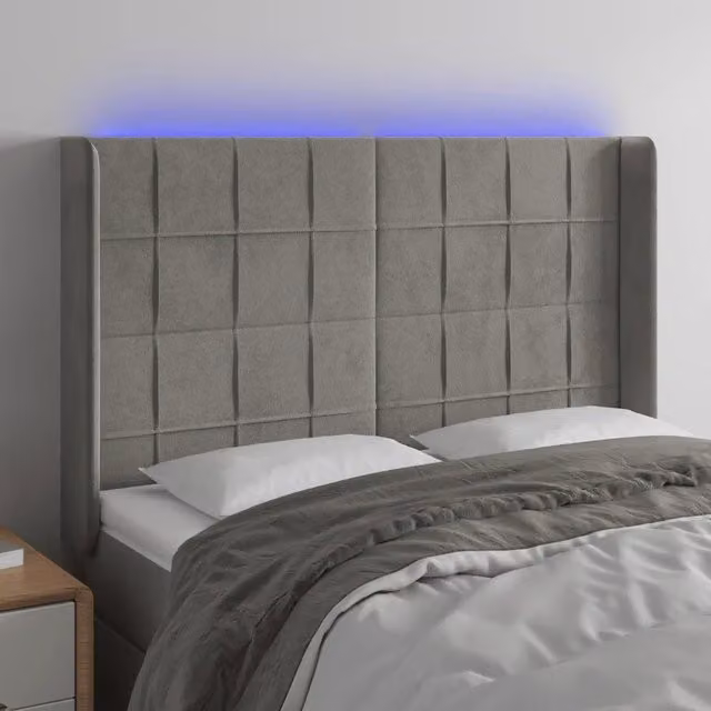 Testiera con LED Design Mania in Velluto Grigio con Porta USB, L: 147 cm, P: 16 cm, H: 118-128 cm – 1