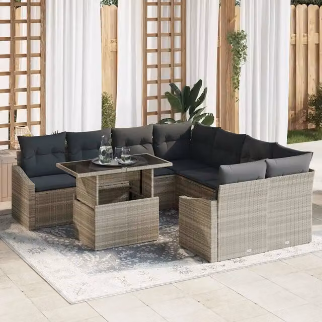 Set Divano da Giardino 9 pz Grigio chiaro polyrattan 3348978
