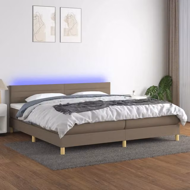 Letto matrimoniale moderno vidaXL con materasso a molle, illuminazione LED sottostante e porta USB, rivestimento in tessuto beige e bianco, L/P/H: 200 x 200 x 31 cm