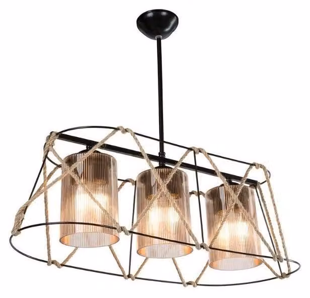 Lampada a sospensione 3 luci metallo nero e corda Gezegen ASZ0986