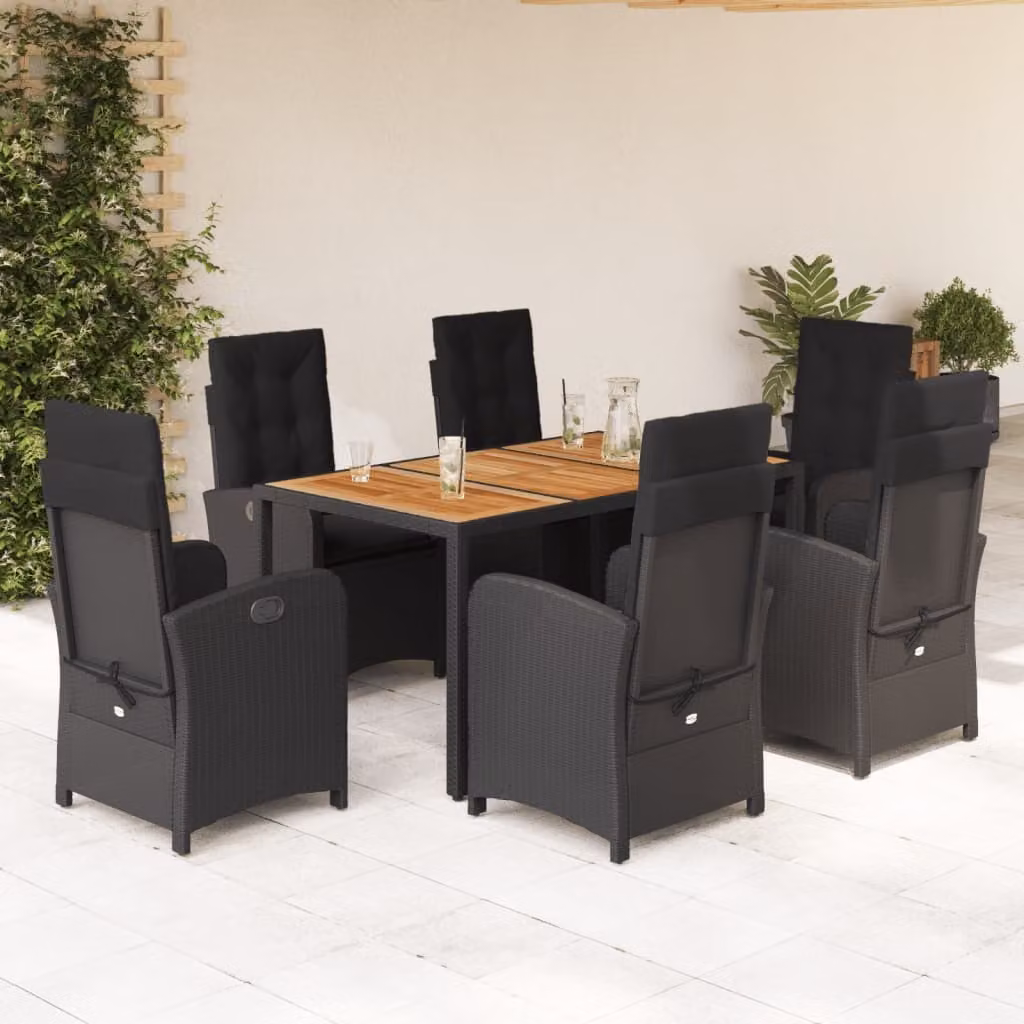 The Living Store Set da pranzo da giardino 7 pezzi con cuscini in polirattan nero