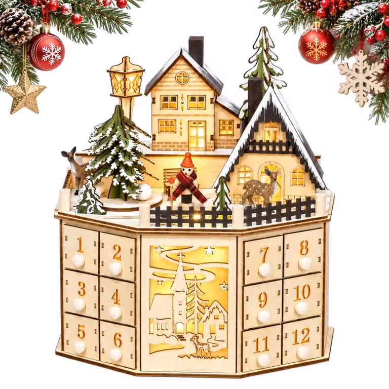Calendario dell'Avvento in legno, con 24 cassetti, luci LED e musica, colore giallo
