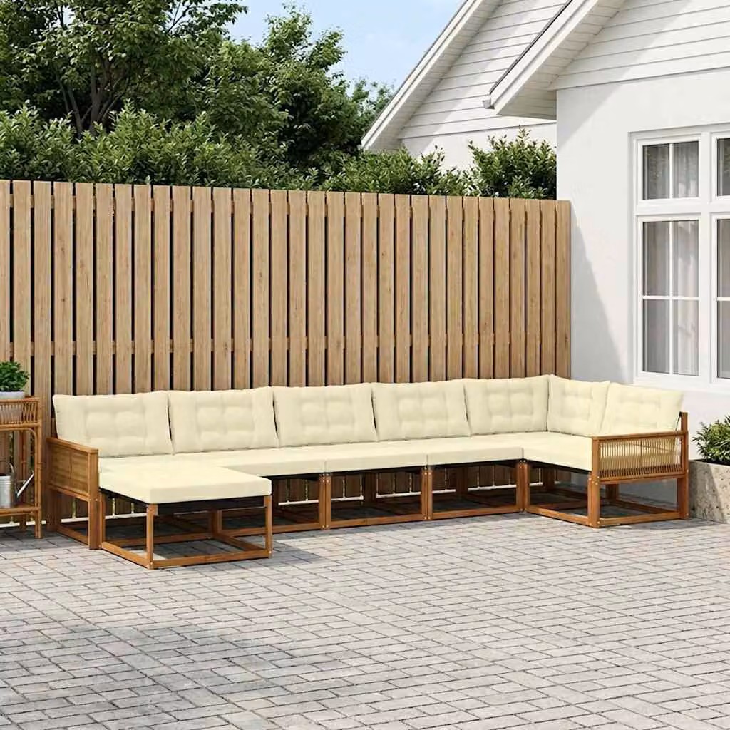 Set di divani da esterno vidaXL a forma di L composto da 7 pezzi in legno di acacia con cuscini beige e bianchi per giardino e terrazza