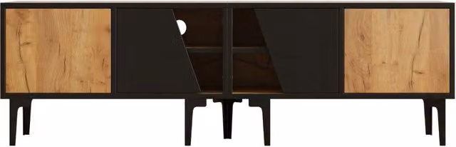 Mobile TV in pannello truciolare naturale con 4 scomparti, 160 x 36,5 x 45 cm, supporto per TV fino a 65 pollici, piedi in PVC neri