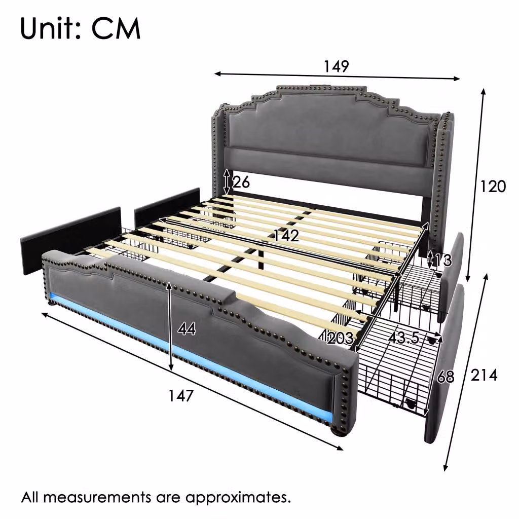Letto matrimoniale moderno CIPACHO in velluto grigio con cassettiera, illuminazione sottostante e porta USB, L/P/H: 140 x 200 x 52 cm – 2