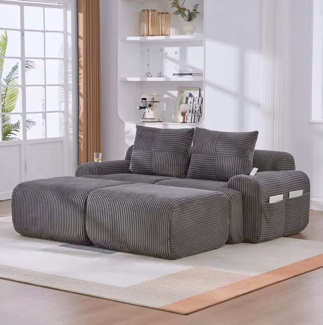 Divano modulare a 2 posti in corduroy grigio scuro; 200x174x80 cm; con portabicchieri e tasca laterale