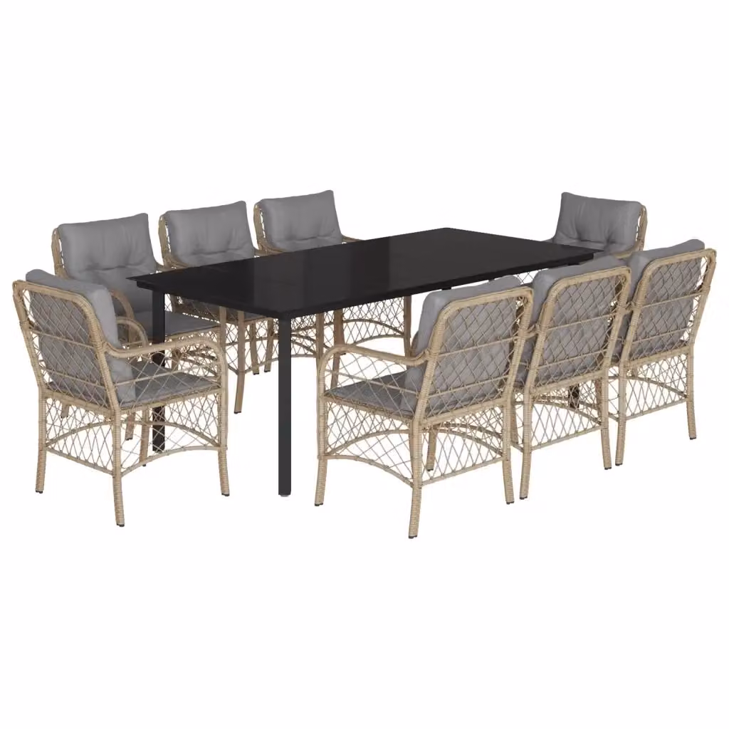 Set Pranzo da Giardino vidaXL in Polyrattan con Cuscini e Piano in Vetro, 9 Pezzi, Colore Beige Misto – 2