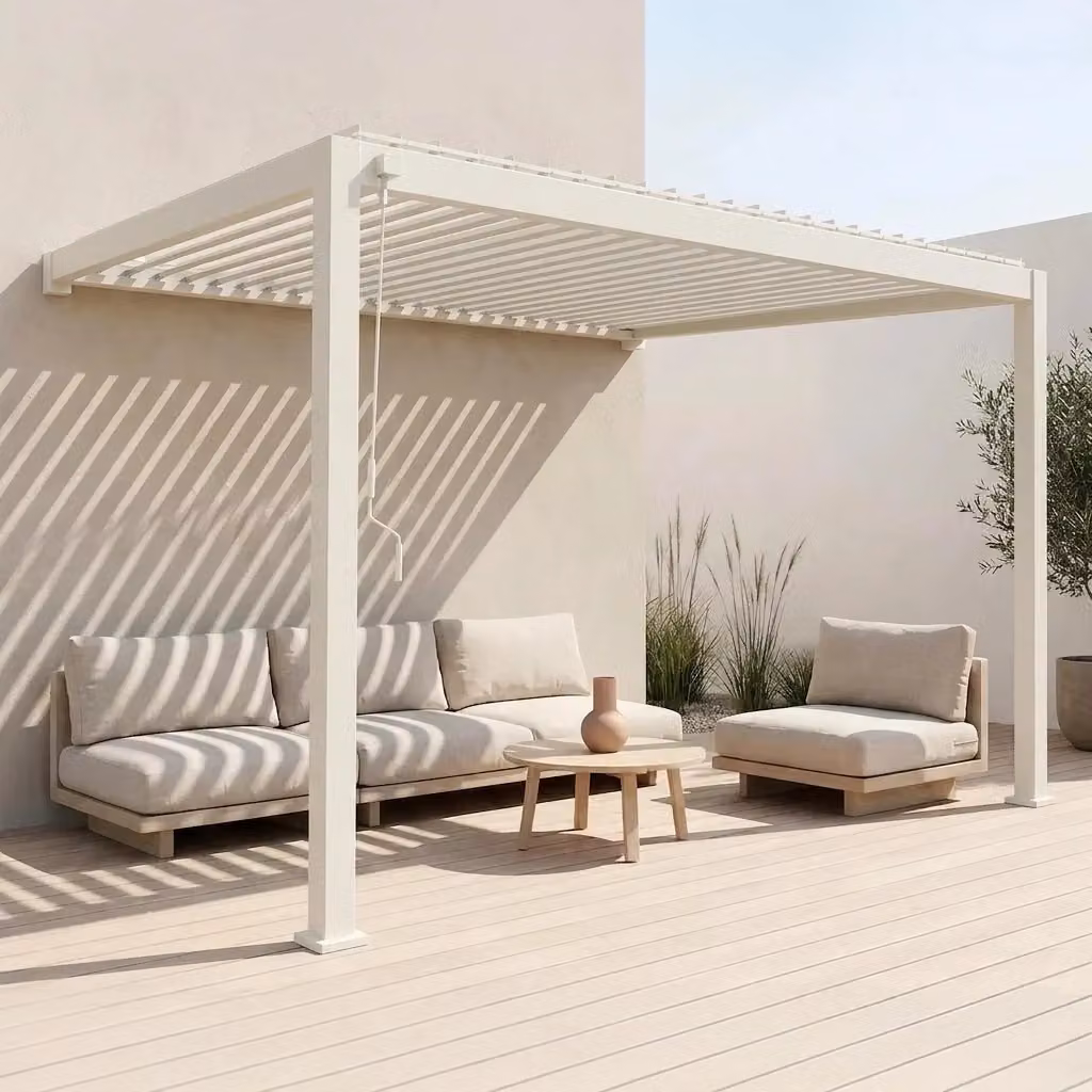 Pergola bioclimatica Sweeek in alluminio bianco con lame orientabili, modello addossato, L: 400 cm, P: 300 cm – 2