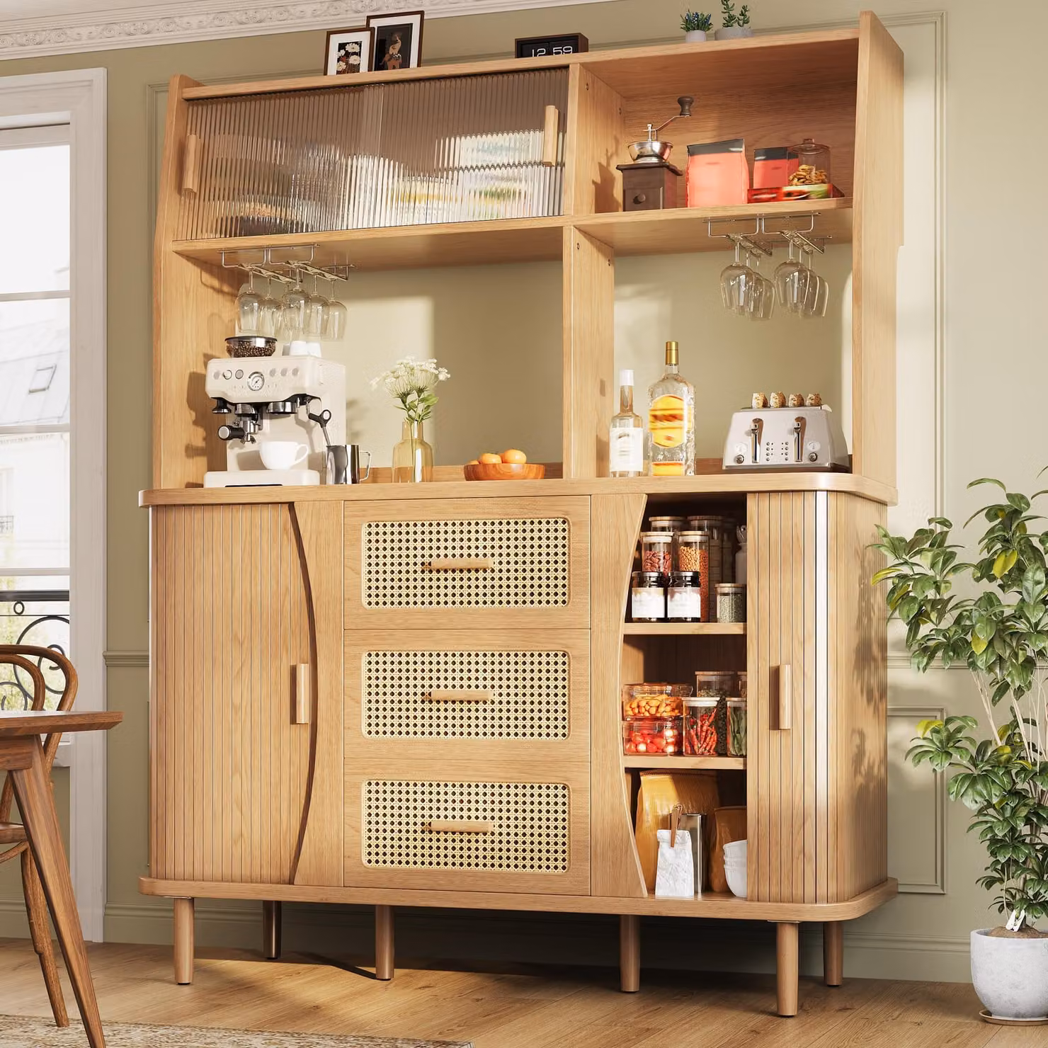 Flieks: mobile da buffet di alta qualità con effetto rattan e ante scorrevoli in vetro, mobile da cucina con vano portaoggetti, mobile alto 140x40,5x174,5 cm, legno naturale