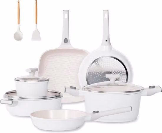 Set di Pentole e Pannini Non Aderente 22 Pezzi - Set di Cucina Ceramica con Maniglie Rimovibili - Pentole Induzione Salute, Sicure in Forno, Senza PFAS e PFOA, Beige