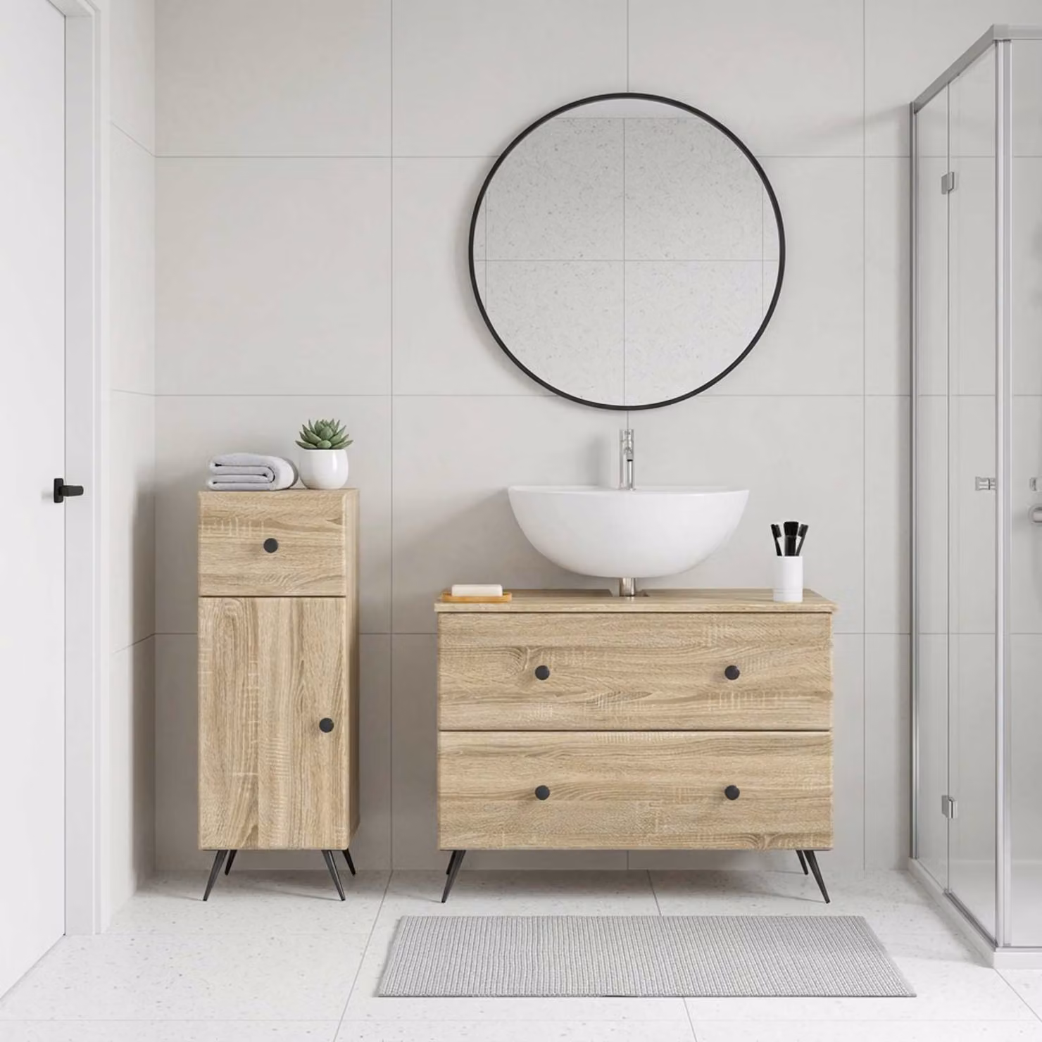 Set di 2 mobili da bagno moderni vidaXL BREDA in legno Rovere Sonoma marrone con ante a cerniera e ripiani interni, L/P/H: 82 x 34,55 x 59 cm e 41 x 59 x 82 cm