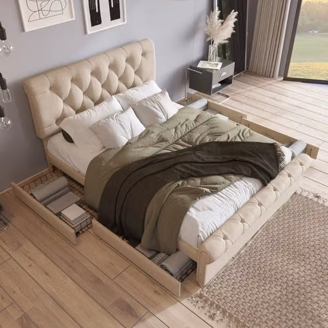 Letto matrimoniale 140 × 200 cm con 4 cassetti, testiera regolabile e materasso incluso in lino naturale