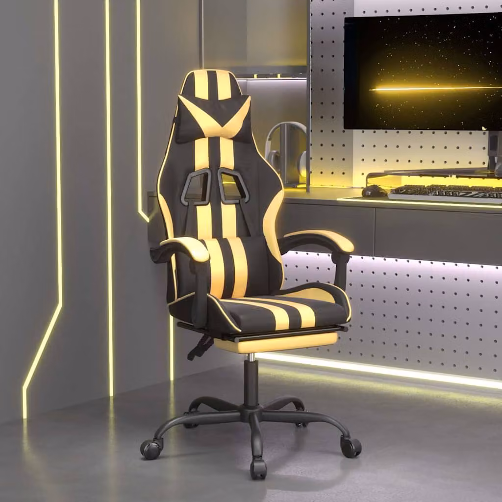 Sedia da Gaming Girevole vidaXL in Similpelle con Poggiapiedi e Poggiatesta, Nero e Oro